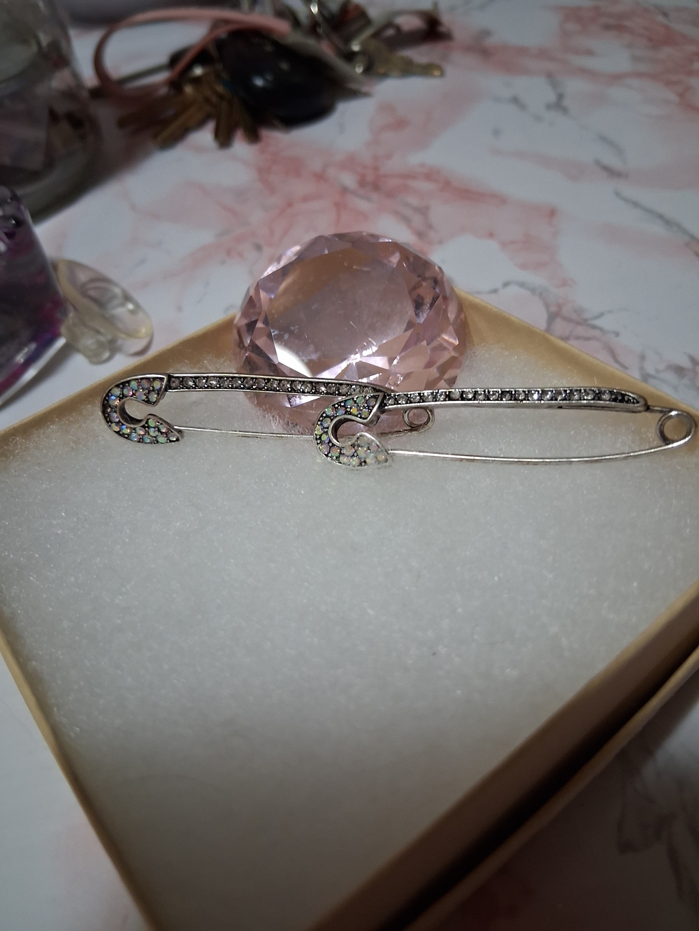 Silver Tone Crystal Safety Pin Brooch with Iridescent Accents